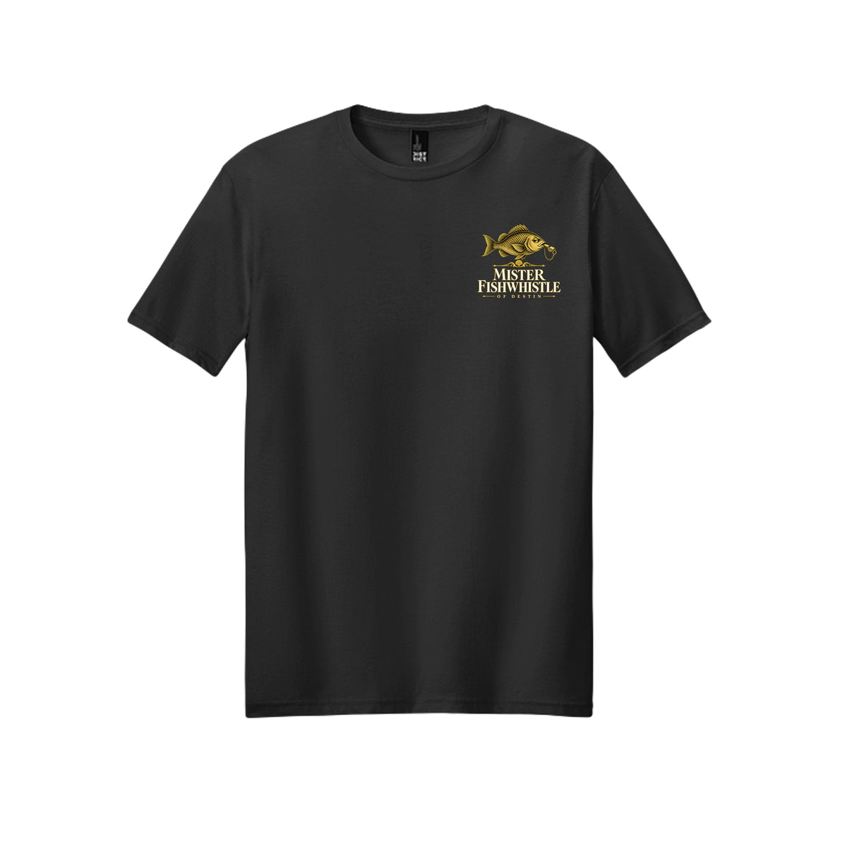 ndm:3168666 — Black Harbor Gossip tee, front with official Mister Fishwhistle gold logo at left chest