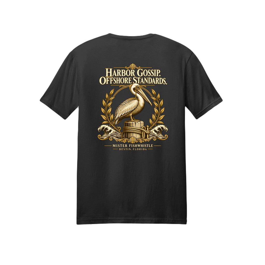 ndm:3168667 — Black tee back with gold pelican and Harbor Gossip. Offshore Standards. lettering