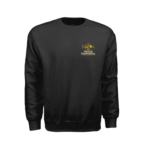 ndm:3171601 — Black Harbor Gossip crewneck sweatshirt, front with gold Mister Fishwhistle pocket logo