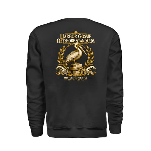 ndm:3171602 — Black crewneck sweatshirt back with gold pelican and Harbor Gossip. Offshore Standards. lettering