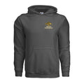 ndm:3171952 — Charcoal pullover hoodie front with official gold Mister Fishwhistle logo on the left chest