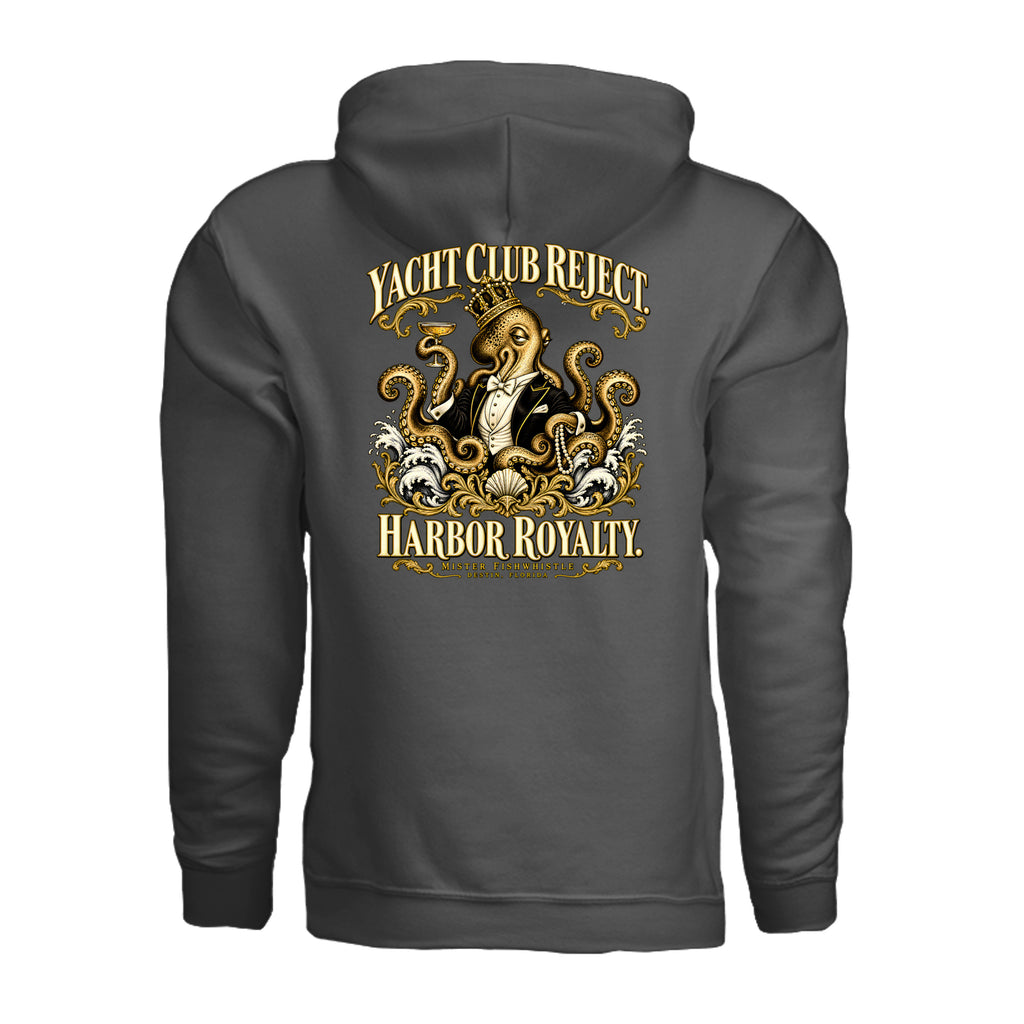 ndm:3171953 — Charcoal hoodie back featuring a crowned octopus in a tuxedo and Yacht Club Reject. Harbor Royalty. lettering